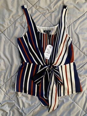 Express Striped Tie-Front Tank in Navy, White & Rust